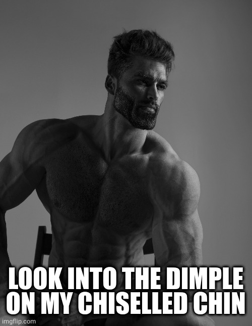 Giga Chad | LOOK INTO THE DIMPLE ON MY CHISELLED CHIN | image tagged in giga chad | made w/ Imgflip meme maker
