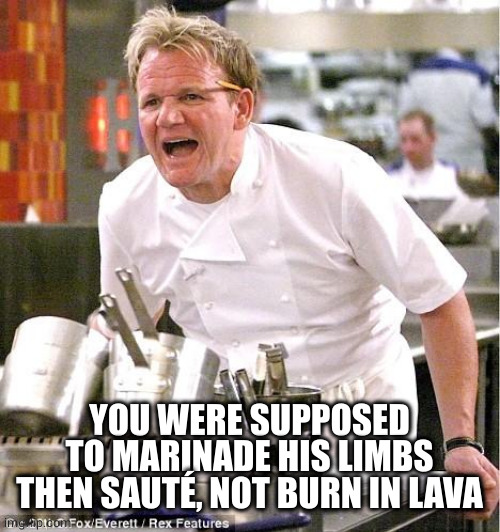Chef Gordon Ramsay Meme | YOU WERE SUPPOSED TO MARINADE HIS LIMBS THEN SAUTÉ, NOT BURN IN LAVA | image tagged in memes,chef gordon ramsay | made w/ Imgflip meme maker