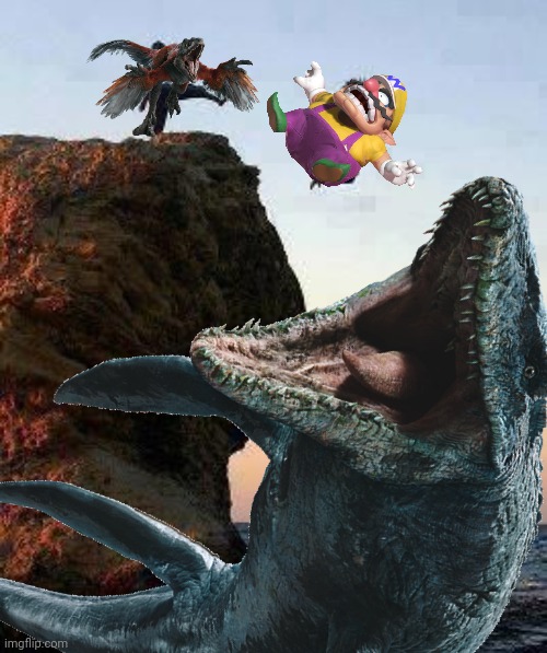 Wario gets pushed off by a Pyroraptor on a cliff and gets eaten by a Mosasaurus.mp3 | image tagged in wario,wario dies,jurassic park,jurassic world,dinosaur,raptor | made w/ Imgflip meme maker