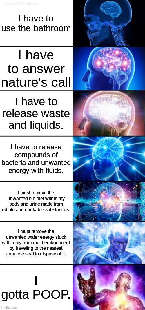 Sometimes, you gotta say it more simpler | I have to use the bathroom; I have to answer nature's call; I have to release waste and liquids. I have to release compounds of bacteria and unwanted energy with fluids. I must remove the unwanted bio fuel within my body and urine made from edible and drinkable substances. I must remove the unwanted water energy stuck within my humanoid embodiment by traveling to the nearest concrete seat to dispose of it. I gotta POOP. | image tagged in 7-tier expanding brain | made w/ Imgflip meme maker