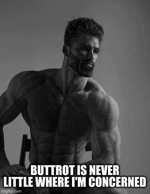 Giga Chad | BUTTROT IS NEVER LITTLE WHERE I'M CONCERNED | image tagged in giga chad | made w/ Imgflip meme maker
