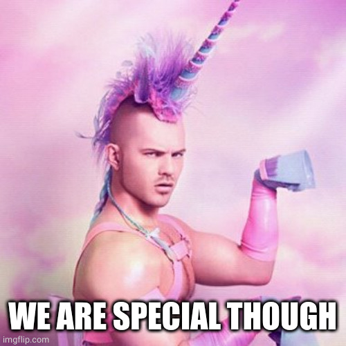Unicorn MAN Meme | WE ARE SPECIAL THOUGH | image tagged in memes,unicorn man | made w/ Imgflip meme maker