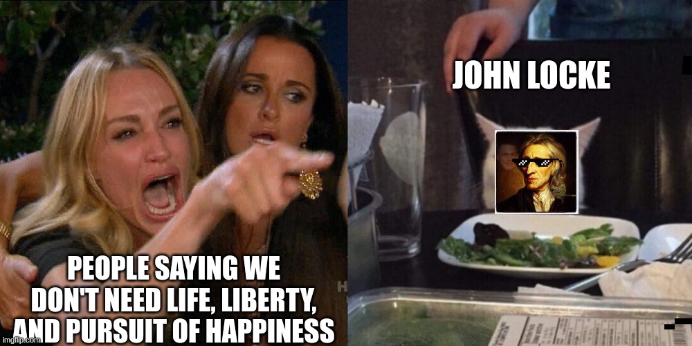 Woman yelling at cat | JOHN LOCKE; PEOPLE SAYING WE DON'T NEED LIFE, LIBERTY, AND PURSUIT OF HAPPINESS | image tagged in woman yelling at cat | made w/ Imgflip meme maker