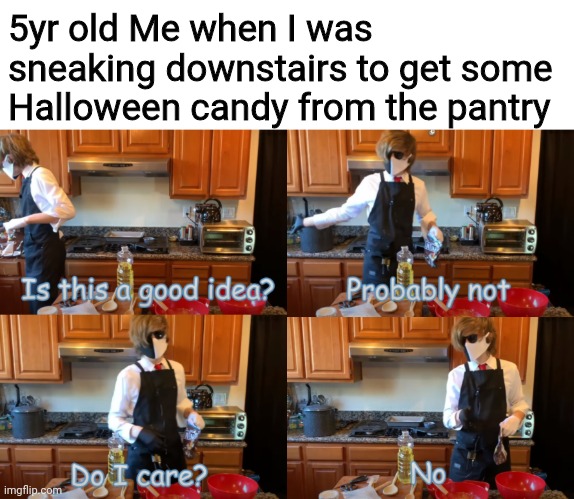 Ranboo "Is this a good idea?" | 5yr old Me when I was sneaking downstairs to get some Halloween candy from the pantry | image tagged in ranboo is this a good idea,memes,funny | made w/ Imgflip meme maker