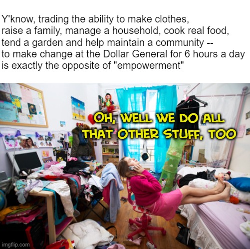 But I count change on a ninth-grade level! | Y'know, trading the ability to make clothes, 
raise a family, manage a household, cook real food,
tend a garden and help maintain a community --
to make change at the Dollar General for 6 hours a day
is exactly the opposite of "empowerment"; Oh, well we do all that other stuff, too | made w/ Imgflip meme maker