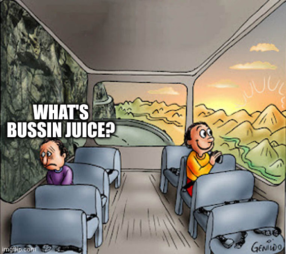 Two guys on a bus | WHAT'S BUSSIN JUICE? | image tagged in two guys on a bus | made w/ Imgflip meme maker