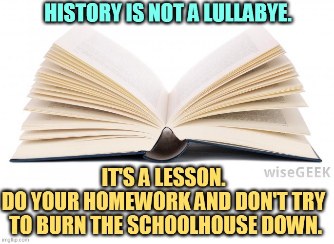  HISTORY IS NOT A LULLABYE. IT'S A LESSON. 
DO YOUR HOMEWORK AND DON'T TRY 
TO BURN THE SCHOOLHOUSE DOWN. | image tagged in history,lesson,homework,burn,school | made w/ Imgflip meme maker