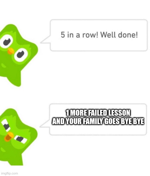 Duolingo 5 in a row |  1 MORE FAILED LESSON AND YOUR FAMILY GOES BYE BYE | image tagged in duolingo 5 in a row | made w/ Imgflip meme maker