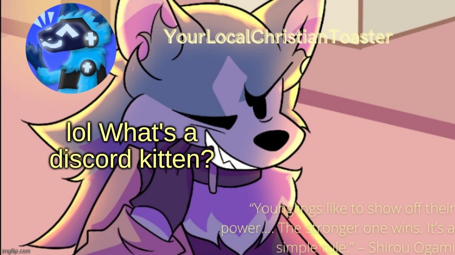 Shirou temp | lol What's a discord kitten? | image tagged in shirou temp | made w/ Imgflip meme maker