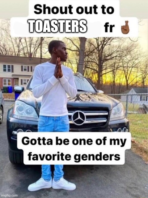 Shout out to.... Gotta be one of my favorite genders | TOASTERS | image tagged in shout out to gotta be one of my favorite genders | made w/ Imgflip meme maker