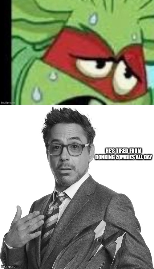 HE’S TIRED FROM BONKING ZOMBIES ALL DAY | image tagged in robert downey junior black and white | made w/ Imgflip meme maker