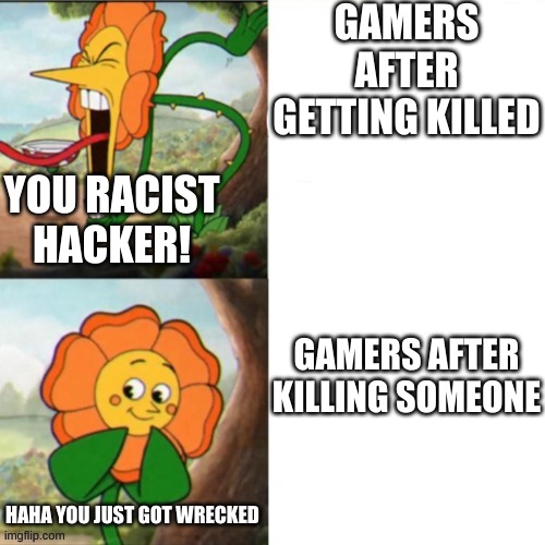 Sunflower | GAMERS AFTER GETTING KILLED; YOU RACIST HACKER! GAMERS AFTER KILLING SOMEONE; HAHA YOU JUST GOT WRECKED | image tagged in sunflower | made w/ Imgflip meme maker