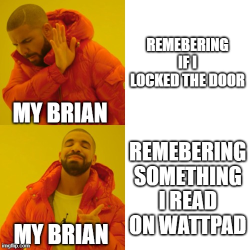 MY BRIAN | REMEBERING IF I LOCKED THE DOOR; MY BRIAN; REMEBERING SOMETHING I READ ON WATTPAD; MY BRIAN | image tagged in memes,drake hotline bling | made w/ Imgflip meme maker