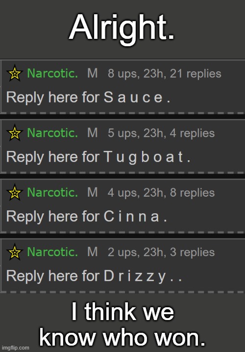 Congratulations, Sauce. Enjoy your month . _ . | Alright. I think we know who won. | made w/ Imgflip meme maker