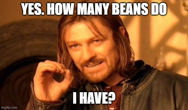 YES. HOW MANY BEANS DO I HAVE? | image tagged in memes,one does not simply | made w/ Imgflip meme maker