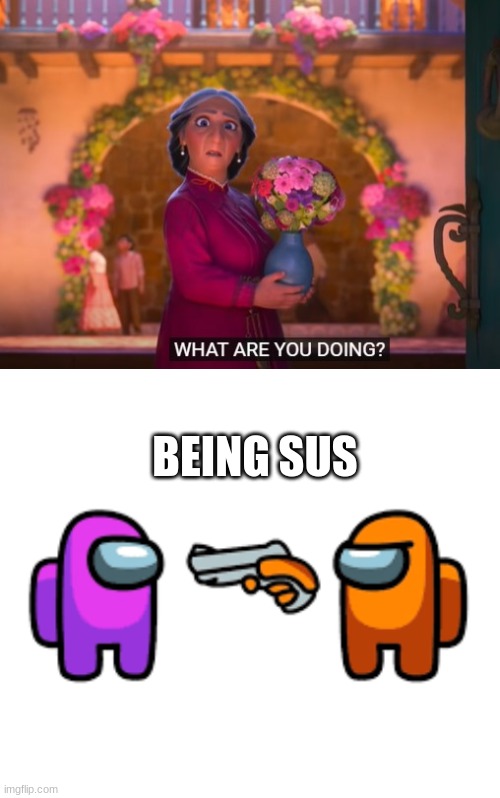 Being Sus | BEING SUS | image tagged in what are you doing,among us,sussy baka | made w/ Imgflip meme maker