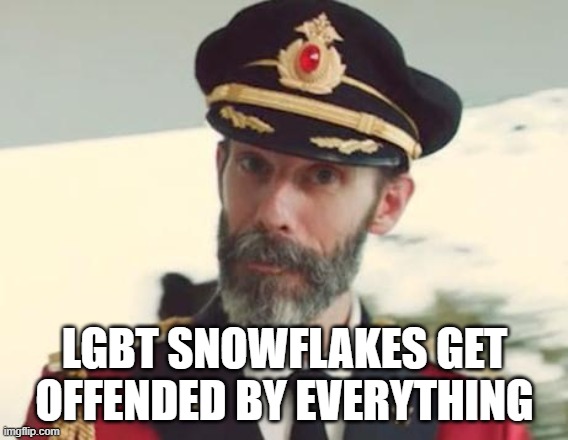 LGBT Snowflakes Get Offended By Everything | LGBT SNOWFLAKES GET OFFENDED BY EVERYTHING | image tagged in captain obvious,lgbtq,lgbt,snowflakes,snowflake,offended | made w/ Imgflip meme maker
