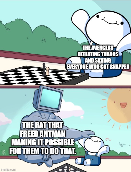 Based off Matpat's video | THE AVENGERS DEFEATING THANOS AND SAVING EVERYONE WHO GOT SNAPPED; THE RAT THAT FREED ANTMAN MAKING IT POSSIBLE FOR THEM TO DO THAT. | image tagged in odd1sout vs computer chess,avengers endgame,memes,funny | made w/ Imgflip meme maker