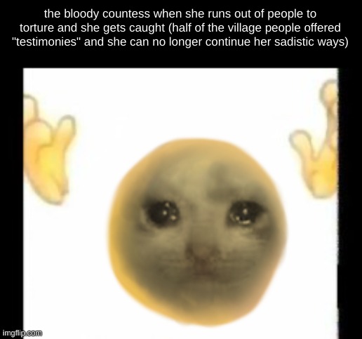 Cursed crying cat emoji |  the bloody countess when she runs out of people to torture and she gets caught (half of the village people offered "testimonies" and she can no longer continue her sadistic ways) | image tagged in cursed crying cat emoji,the bloody countess,history memes | made w/ Imgflip meme maker
