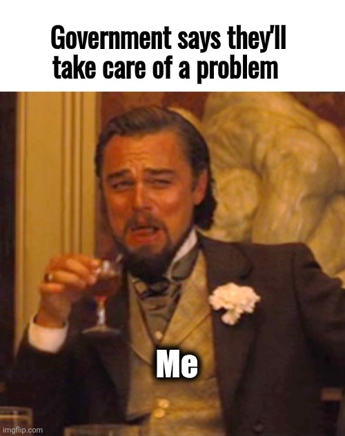 Leonardo dicaprio django laugh | Government says they'll take care of a problem Me | image tagged in leonardo dicaprio django laugh | made w/ Imgflip meme maker