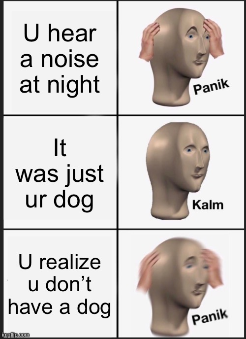 Dog | U hear a noise at night; It was just ur dog; U realize u don’t have a dog | image tagged in memes,panik kalm panik | made w/ Imgflip meme maker