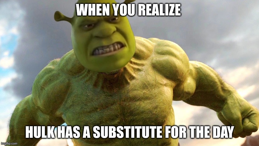 When you realize hulk has a substitute for the day. | WHEN YOU REALIZE; HULK HAS A SUBSTITUTE FOR THE DAY | image tagged in shrek | made w/ Imgflip meme maker