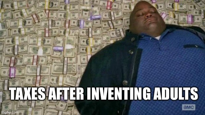 huell money | TAXES AFTER INVENTING ADULTS | image tagged in huell money | made w/ Imgflip meme maker