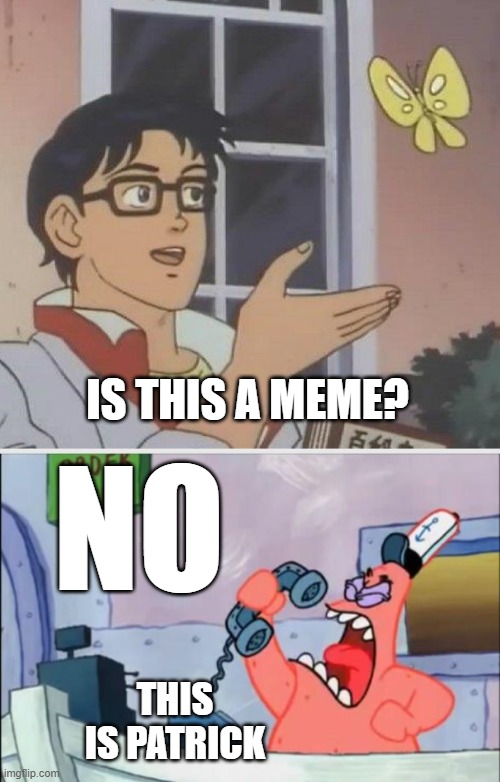Is this a meme? |  IS THIS A MEME? NO; THIS IS PATRICK | image tagged in memes,is this a pigeon,no this is patrick | made w/ Imgflip meme maker