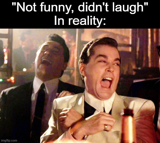 Good Fellas Hilarious Meme | "Not funny, didn't laugh"
In reality: | image tagged in memes,good fellas hilarious | made w/ Imgflip meme maker