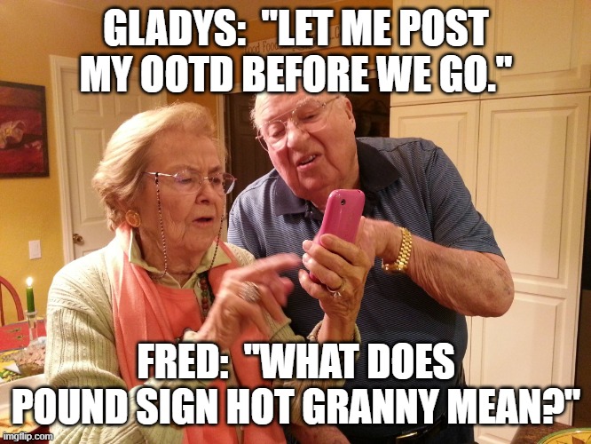 Granny gone wild | GLADYS:  "LET ME POST MY OOTD BEFORE WE GO."; FRED:  "WHAT DOES POUND SIGN HOT GRANNY MEAN?" | image tagged in technology challenged grandparents | made w/ Imgflip meme maker