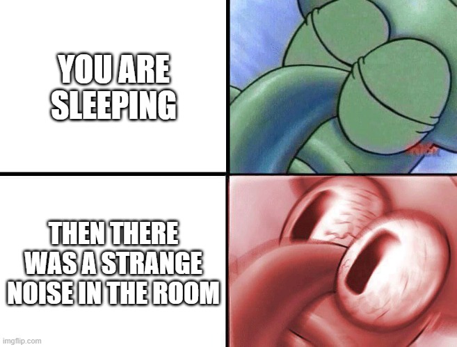 sleeping Squidward | YOU ARE SLEEPING; THEN THERE WAS A STRANGE NOISE IN THE ROOM | image tagged in sleeping squidward | made w/ Imgflip meme maker