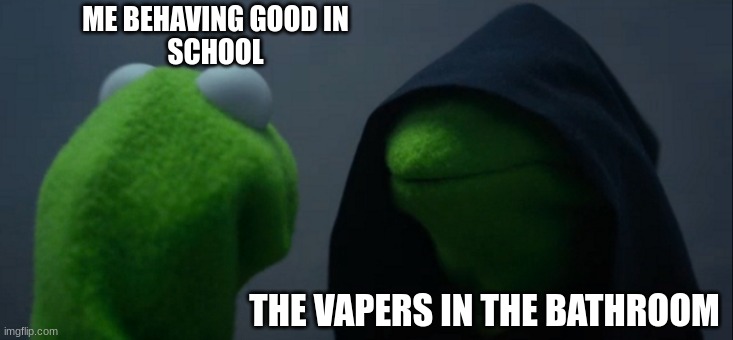 not happy kermit | ME BEHAVING GOOD IN
SCHOOL; THE VAPERS IN THE BATHROOM | image tagged in memes,evil kermit | made w/ Imgflip meme maker