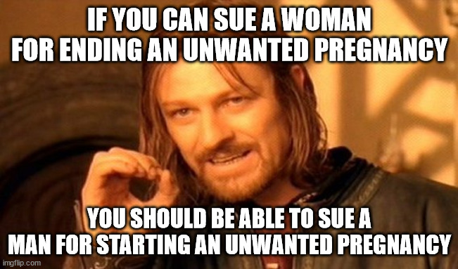 One Does Not Simply | IF YOU CAN SUE A WOMAN FOR ENDING AN UNWANTED PREGNANCY; YOU SHOULD BE ABLE TO SUE A MAN FOR STARTING AN UNWANTED PREGNANCY | image tagged in memes,one does not simply | made w/ Imgflip meme maker