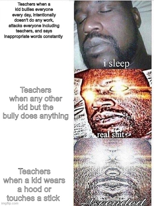 I sleep meme with ascended template | Teachers when a kid bullies everyone every day, intentionally doesn't do any work, attacks everyone including teachers, and says inappropriate words constantly; Teachers when any other kid but the bully does anything; Teachers when a kid wears a hood or touches a stick | image tagged in i sleep meme with ascended template | made w/ Imgflip meme maker