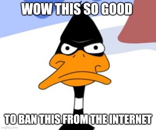 Daffy Duck not amused | WOW THIS SO GOOD TO BAN THIS FROM THE INTERNET | image tagged in daffy duck not amused | made w/ Imgflip meme maker