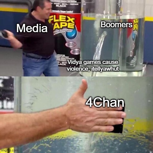 Flex Tape you can TRUST! | Boomers; Media; Vidya games cause violence, itellyawhut; 4Chan | image tagged in phil swift slapping on flex tape | made w/ Imgflip meme maker