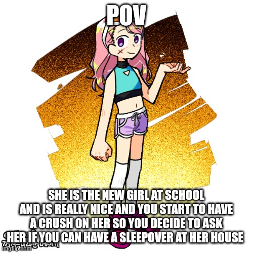 Female ocs preferred | POV; SHE IS THE NEW GIRL AT SCHOOL AND IS REALLY NICE AND YOU START TO HAVE A CRUSH ON HER SO YOU DECIDE TO ASK HER IF YOU CAN HAVE A SLEEPOVER AT HER HOUSE | made w/ Imgflip meme maker