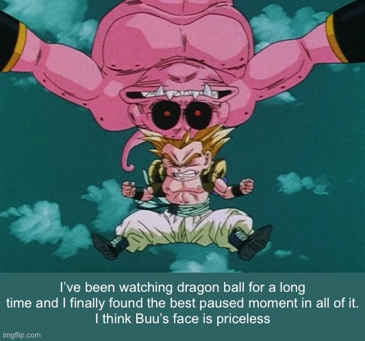 It might be funnier upside down | I’ve been watching dragon ball for a long time and I finally found the best paused moment in all of it.
I think Buu’s face is priceless | image tagged in dragon ball z,buu | made w/ Imgflip meme maker