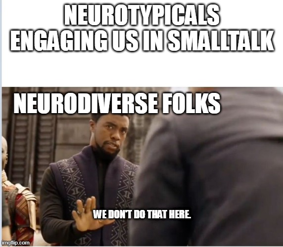 NT-ND communication differences | NEUROTYPICALS ENGAGING US IN SMALLTALK; NEURODIVERSE FOLKS; WE DON'T DO THAT HERE. | image tagged in we don't do that here | made w/ Imgflip meme maker