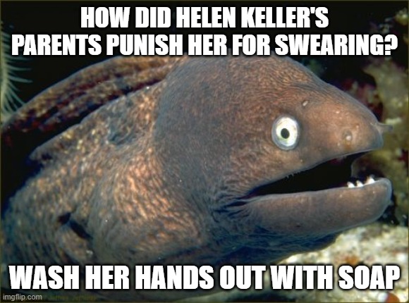 Bad Joke Eel Meme | HOW DID HELEN KELLER'S PARENTS PUNISH HER FOR SWEARING? WASH HER HANDS OUT WITH SOAP | image tagged in memes,bad joke eel | made w/ Imgflip meme maker