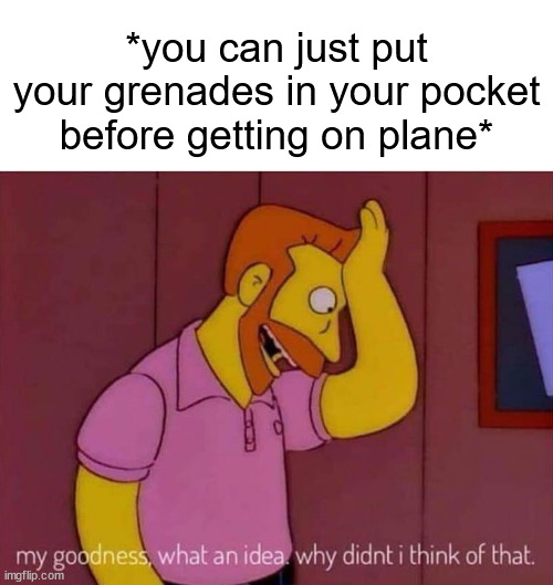 my goodness what an idea why didn't I think of that | *you can just put your grenades in your pocket before getting on plane* | image tagged in my goodness what an idea why didn't i think of that | made w/ Imgflip meme maker