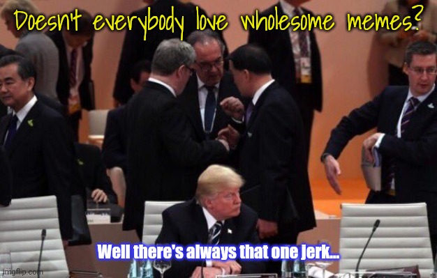 He won't ruin our fun! | Doesn't everybody love wholesome memes? Well there's always that one jerk... | image tagged in trump sits alone,memes about memeing,i wish all the x a very pleasant evening,wednesday | made w/ Imgflip meme maker