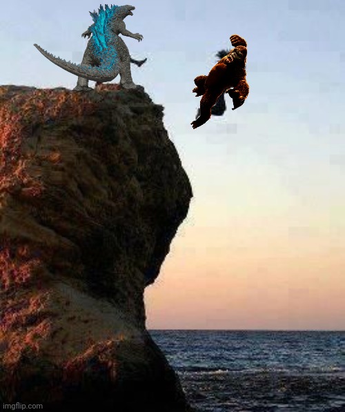 Godzilla throws Kong into the water | image tagged in kicking off cliff,godzilla,king kong,godzilla vs kong | made w/ Imgflip meme maker