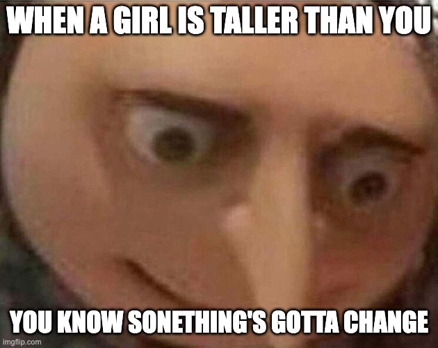 this is the third time you get embarrassed today | WHEN A GIRL IS TALLER THAN YOU; YOU KNOW SONETHING'S GOTTA CHANGE | image tagged in gru meme | made w/ Imgflip meme maker