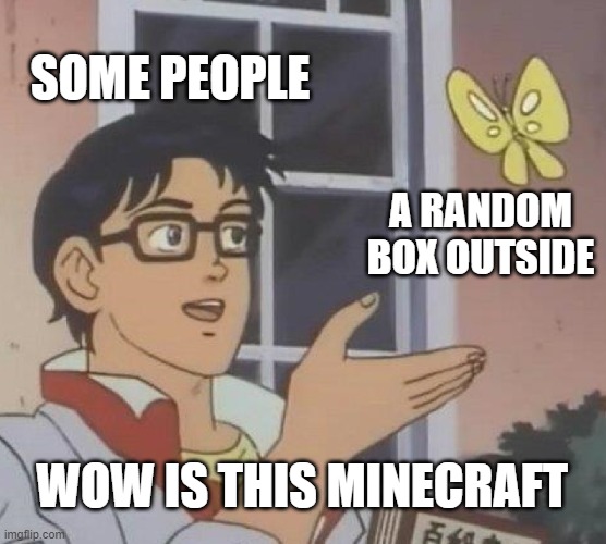 Is This A Pigeon | SOME PEOPLE; A RANDOM BOX OUTSIDE; WOW IS THIS MINECRAFT | image tagged in memes,is this a pigeon | made w/ Imgflip meme maker