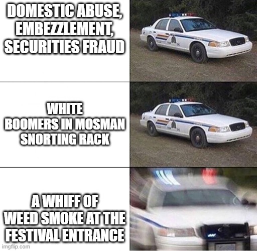 Police Car  | DOMESTIC ABUSE, EMBEZZLEMENT, SECURITIES FRAUD; WHITE BOOMERS IN MOSMAN SNORTING RACK; A WHIFF OF WEED SMOKE AT THE FESTIVAL ENTRANCE | image tagged in police car | made w/ Imgflip meme maker