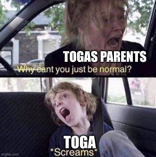 Why Can't You Just Be Normal | TOGAS PARENTS; TOGA | image tagged in why can't you just be normal | made w/ Imgflip meme maker
