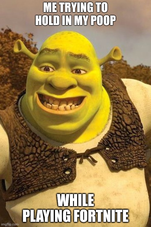 Smiling Shrek | ME TRYING TO HOLD IN MY POOP; WHILE PLAYING FORTNITE | image tagged in smiling shrek,fortnite meme | made w/ Imgflip meme maker