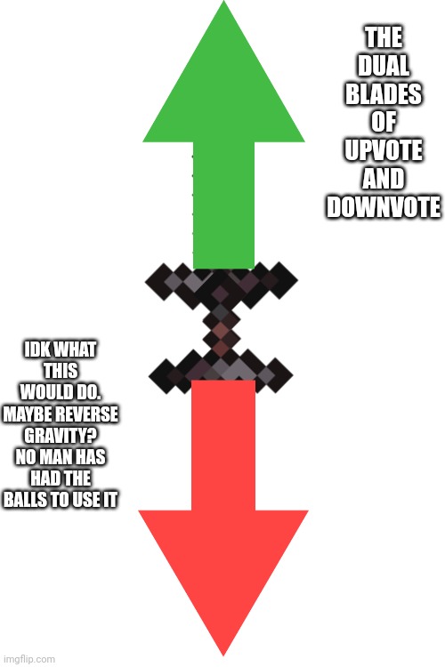 So yeah, that exists | THE DUAL BLADES OF UPVOTE AND DOWNVOTE; IDK WHAT THIS WOULD DO. MAYBE REVERSE GRAVITY? NO MAN HAS HAD THE BALLS TO USE IT | image tagged in blank white template | made w/ Imgflip meme maker