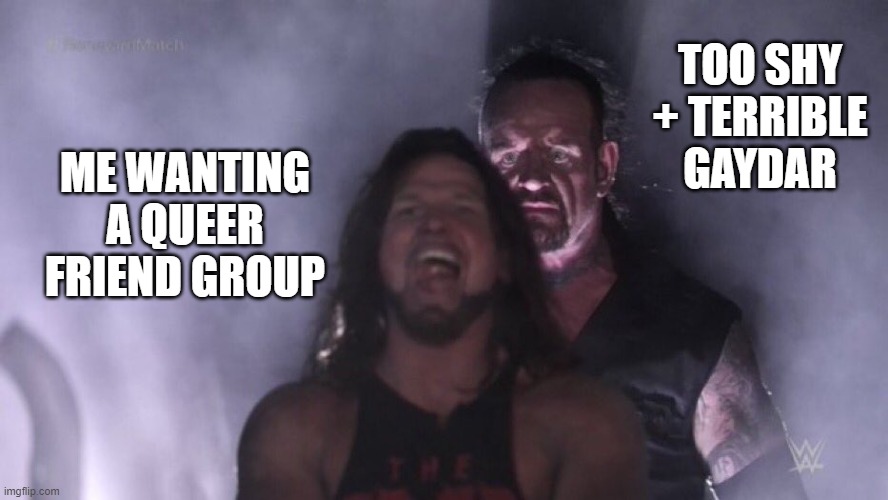 either nobody is gay or i have a terrible gaydar, probably both tbh | TOO SHY + TERRIBLE GAYDAR; ME WANTING A QUEER FRIEND GROUP | image tagged in aj styles undertaker | made w/ Imgflip meme maker